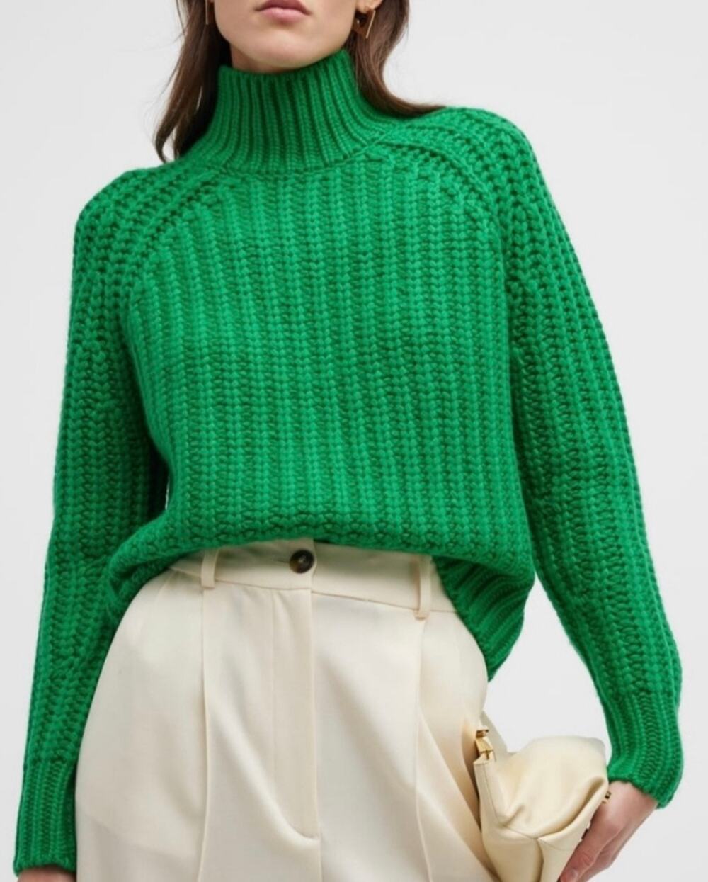 Vince Ribbed Turtleneck Wool Cashmere Sweater Cropped Emerald Women's S